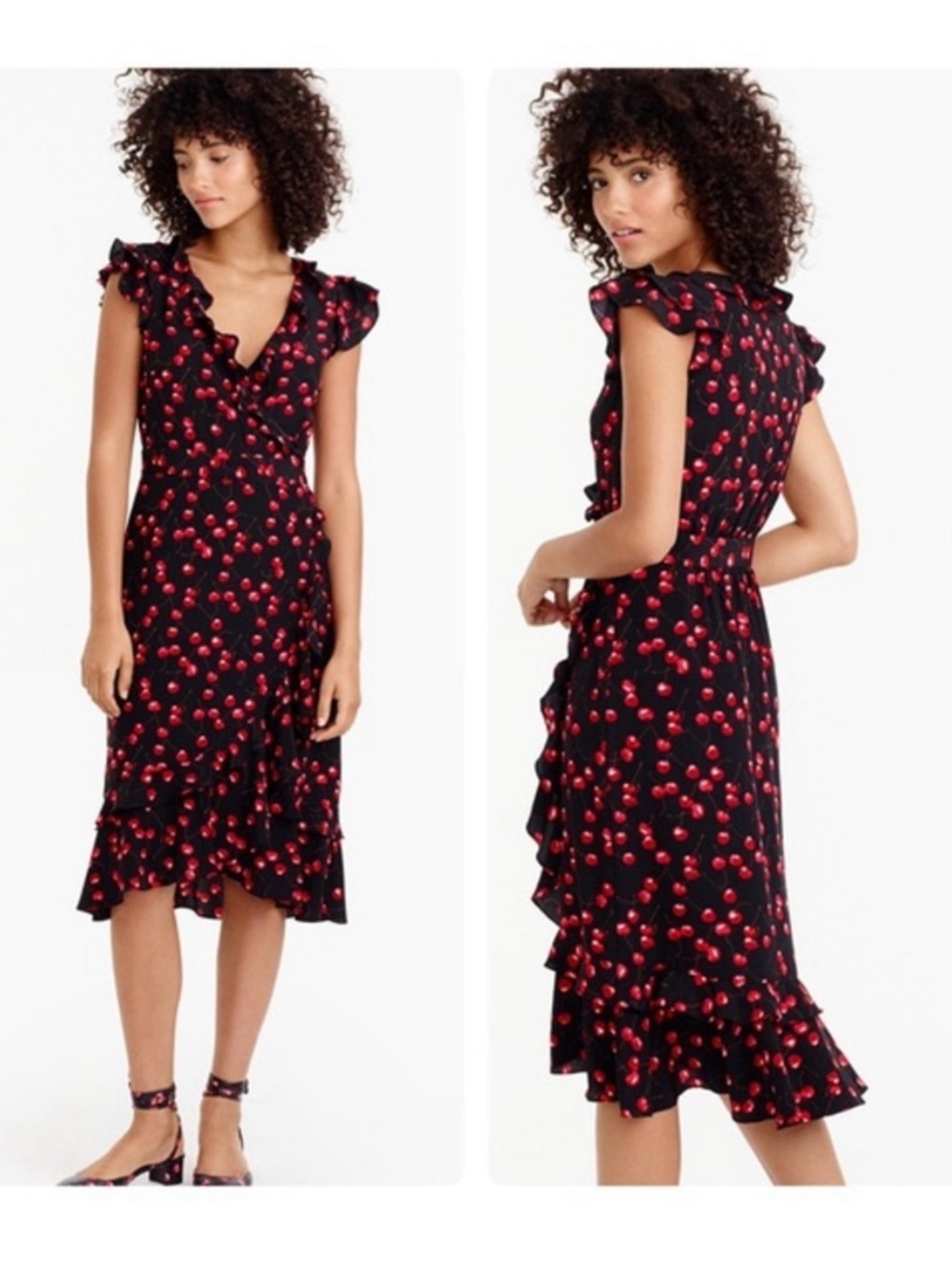 J.Crew Black Cherry-Print Ruffle Wrap Dress